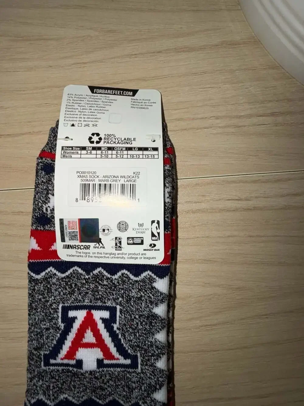 For Bare Feet Arizona Wildcats Gray & Red Knit Crew Socks Mens Size Large